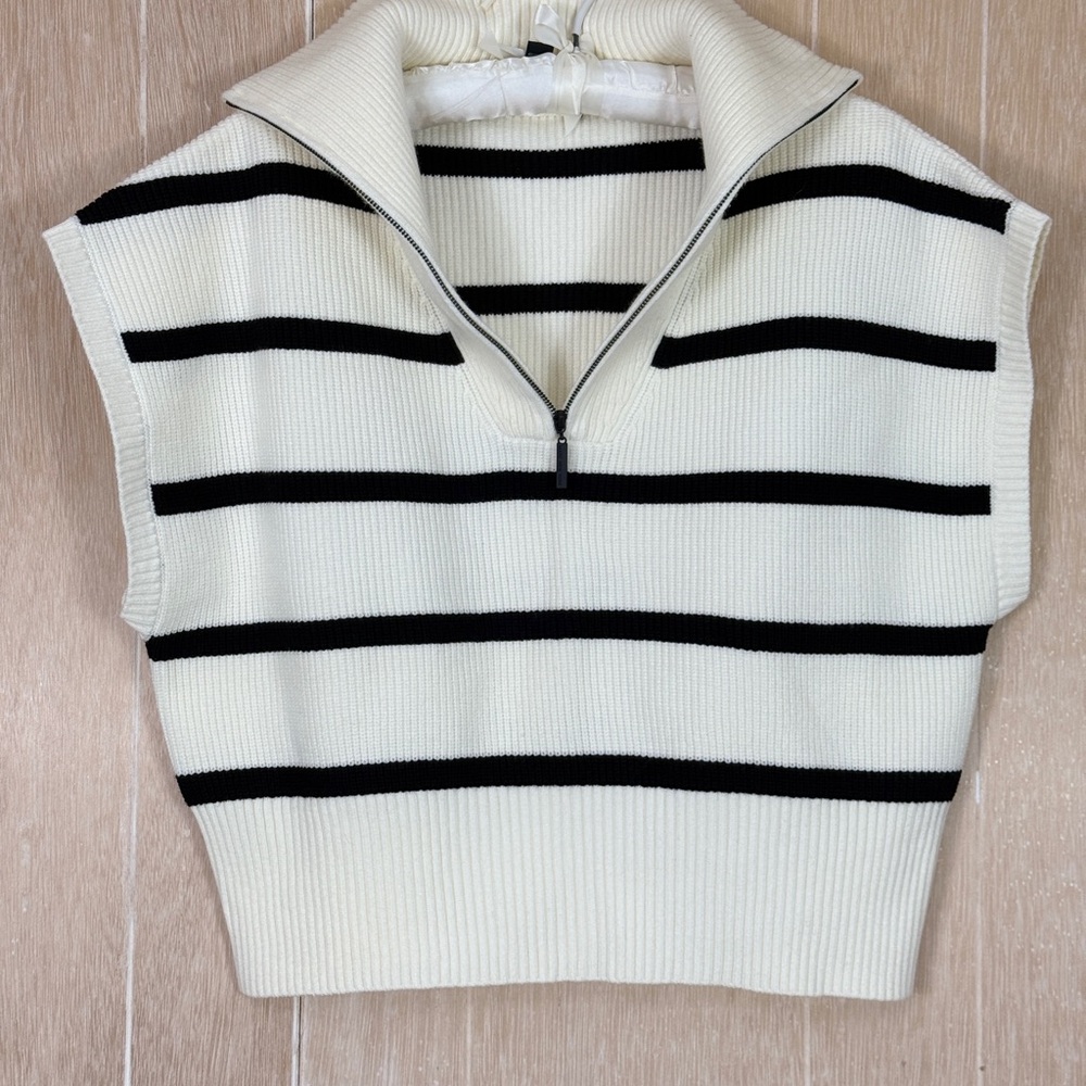 Marc New York Ribbed Cropped Sleeveless Knit Sweater in Black and White